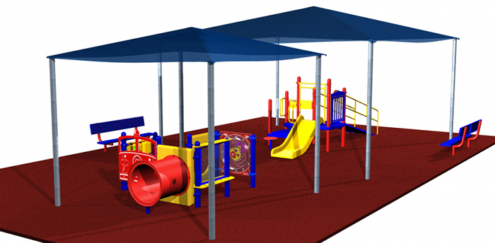 Digital design of large blue shade shelters over 2 playsystems